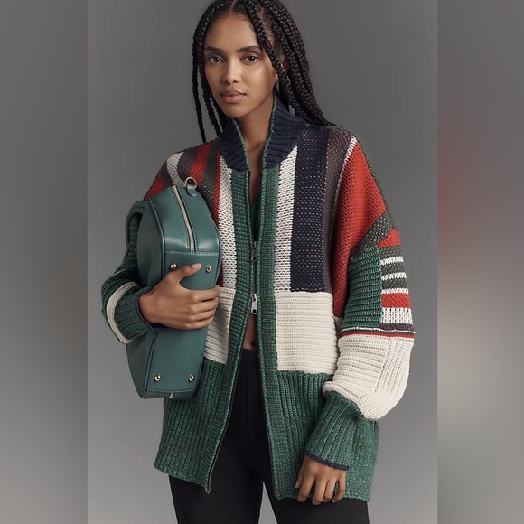 Anthropologie Pilcro Ribbed Collared Colorblock Zip Front Sweater Size XL - NWT